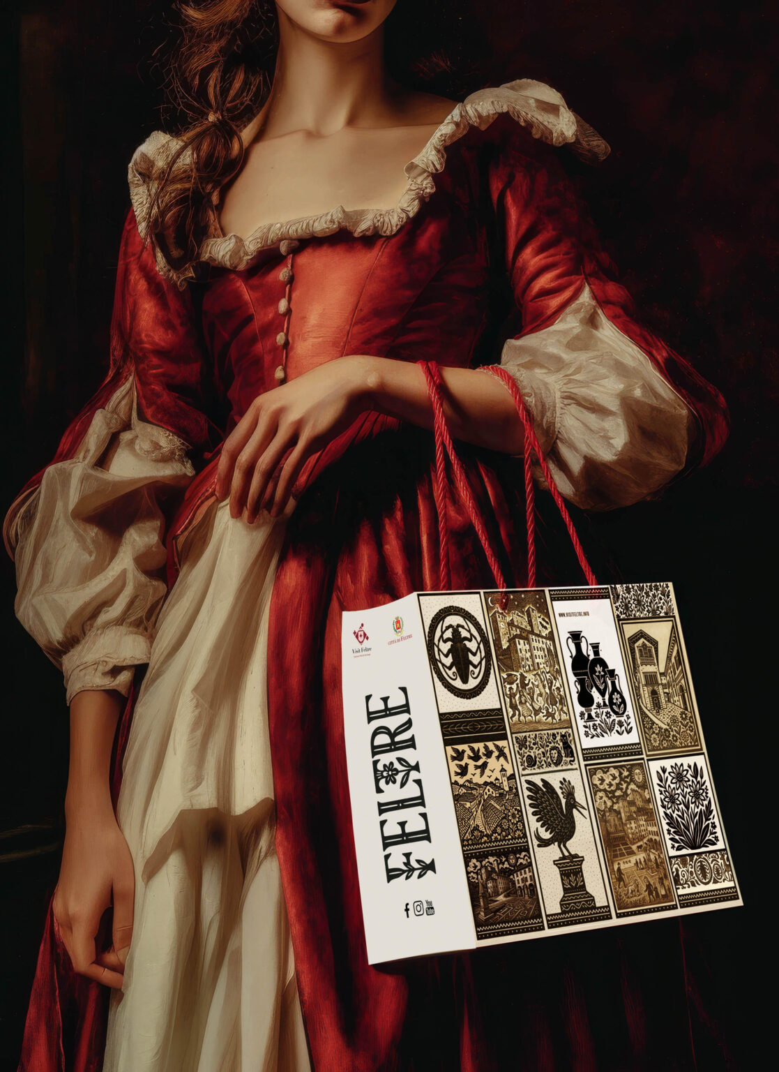 close up di shopper di carta bianca con manico in corda rosso tenuto in mano da una donna del '700, stile pittura del '700 --raw --v 7 Job ID: cb726e6e-6eba-4574-b025-284c01ed2343